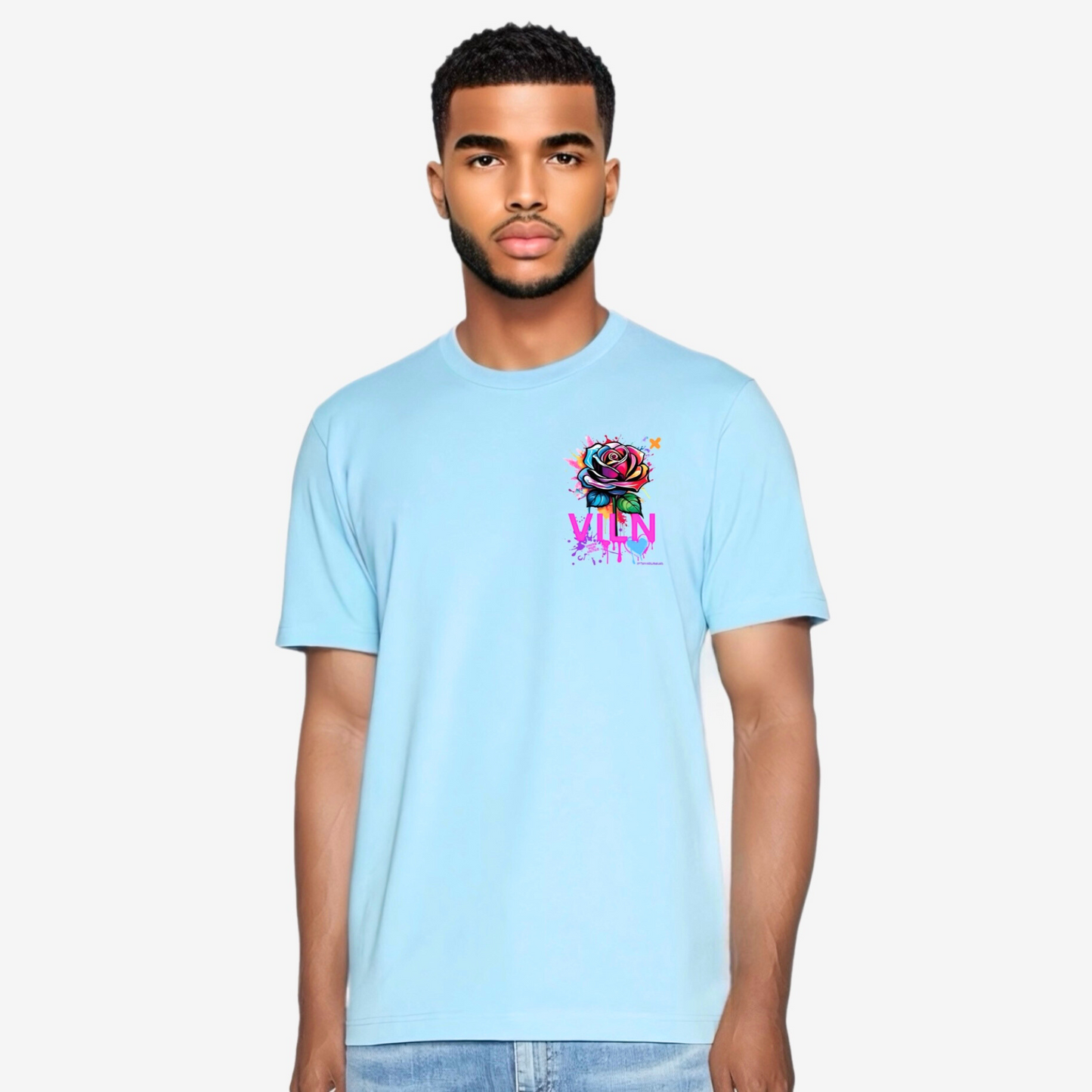 Viln Distorted Rose Graphic crew neck t-shirt (Sky Blue)