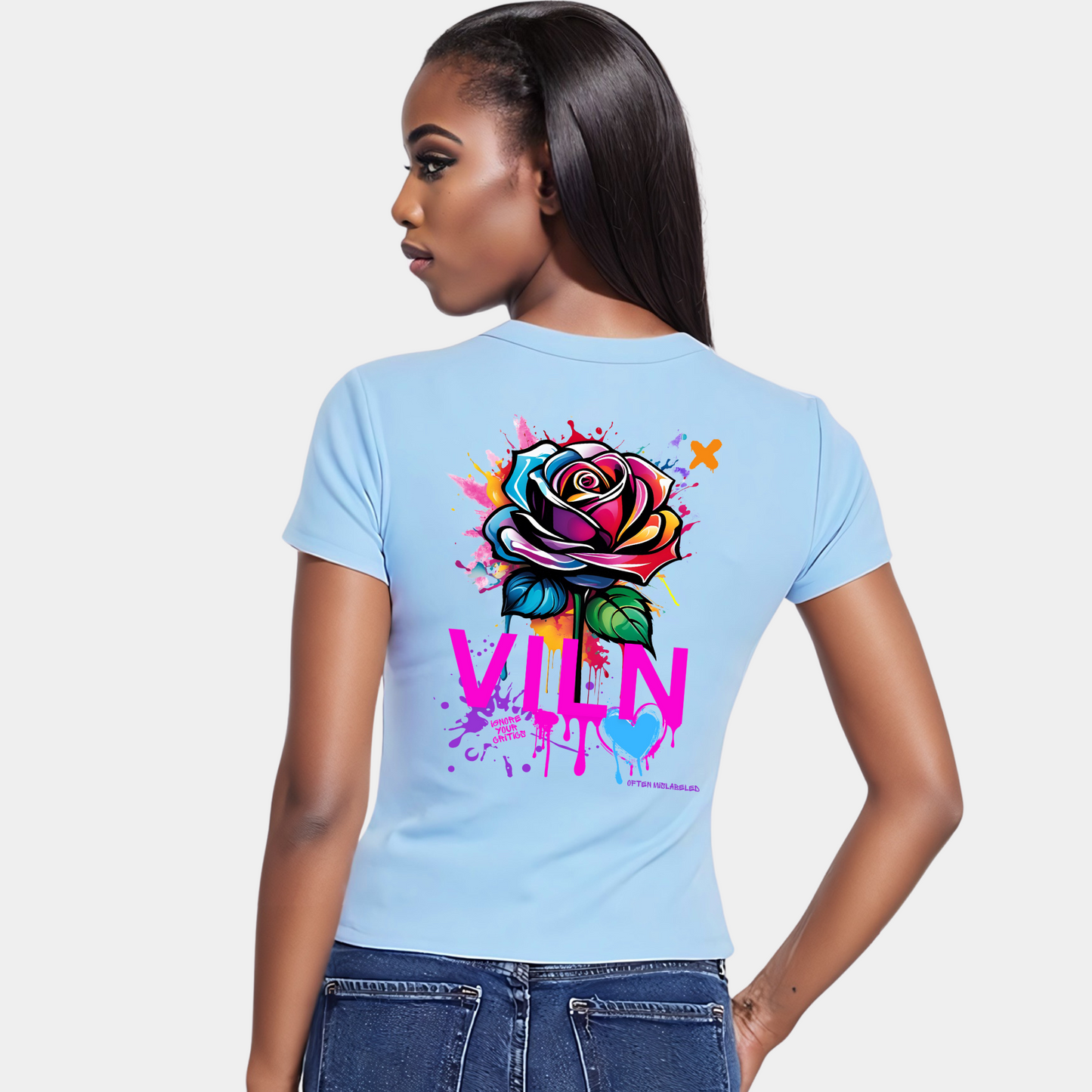 Viln Distorted Rose Graphic crew neck t-shirt (Sky Blue)